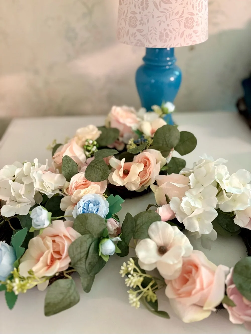 Pastel Artificial Flower Wreaths - Peach, white, Pink & Light Blue